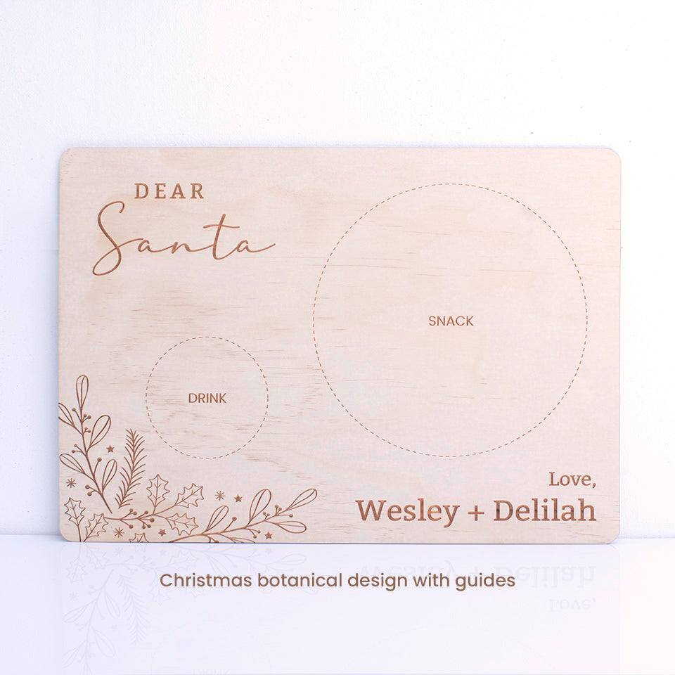 Hello Fern Santa Snack Board with custom names, snack and drink guides, and Christmas botanical design.