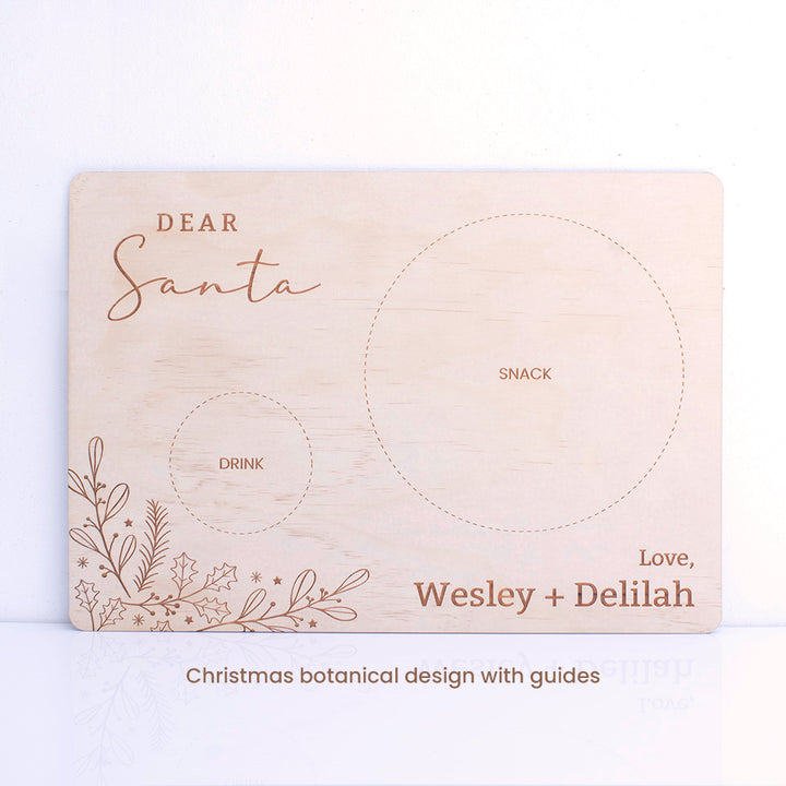 Hello Fern Santa Snack Board with custom names, snack and drink guides, and Christmas botanical design.