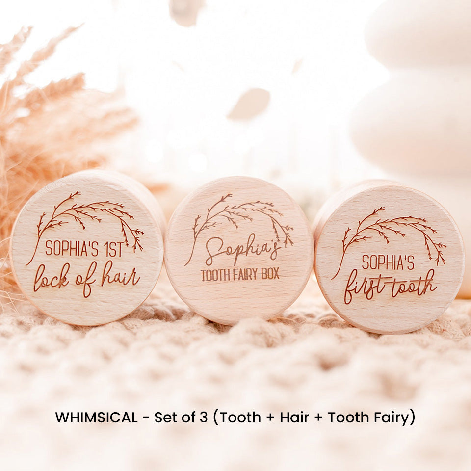 Set of three Hello Fern wooden trinket boxes in whimsical style, including baby's first tooth, first lock of hair, and tooth fairy laser-engraved with baby's name.