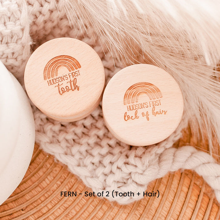 Set of two Hello Fern wooden trinket boxes in rainbow style, including baby's first tooth and first lock of hair, laser-engraved with baby's name.