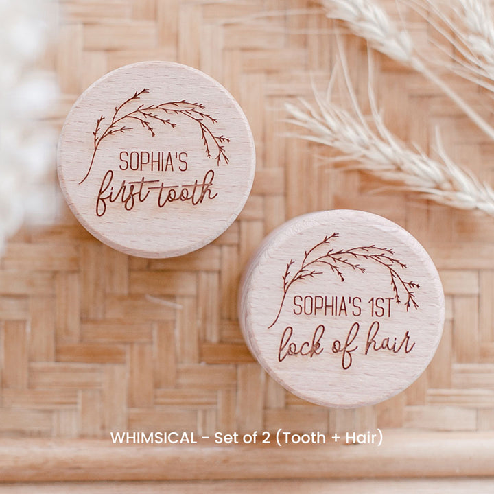 Set of two Hello Fern wooden trinket boxes in whimsical style, including baby's first tooth and first lock of hair, laser-engraved with baby's name.