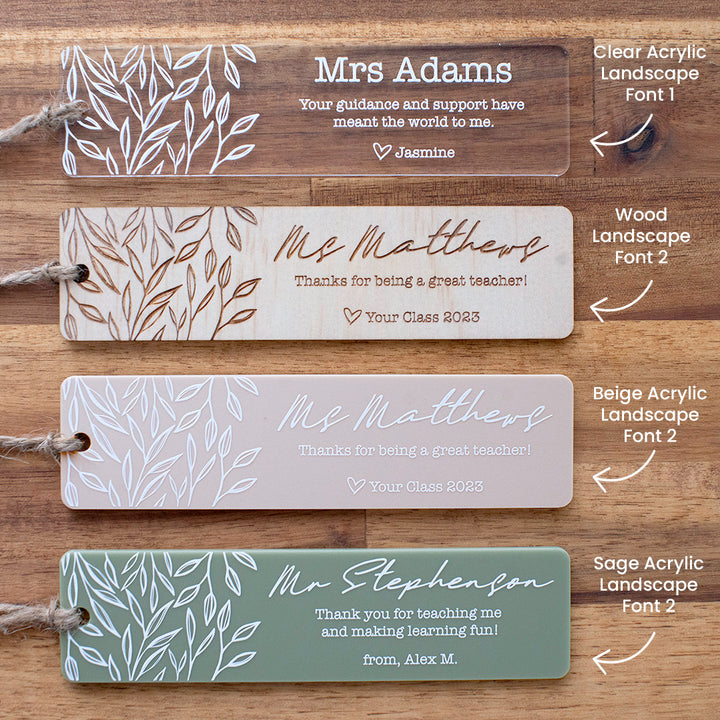 Four Hello Fern custom teacher bookmark material options for landscape bookmarks including beige acrylic, sage acrylic, clear acrylic, and wood.
