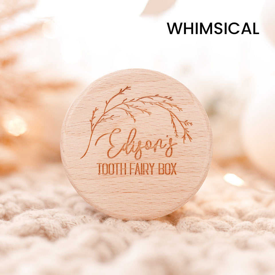 Closeup of Hello Fern baby's tooth fairy wooden trinket box in whimsical style, personalised with child's name on lid.