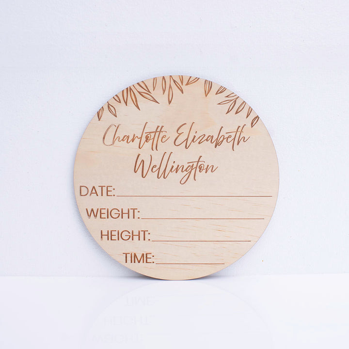 Hello Fern wooden birth announcement disc customised with baby's full name only and including spaces for birth details.