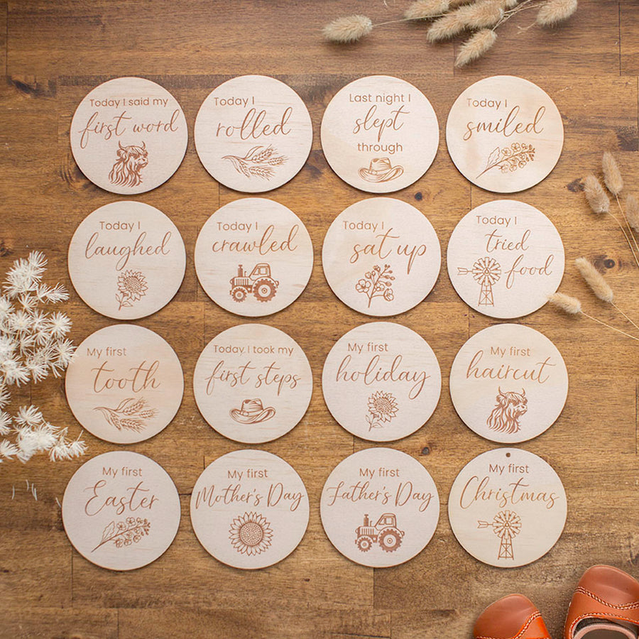 Set of 16 Hello Fern round wooden achievement milestone card discs with country / farm theme.