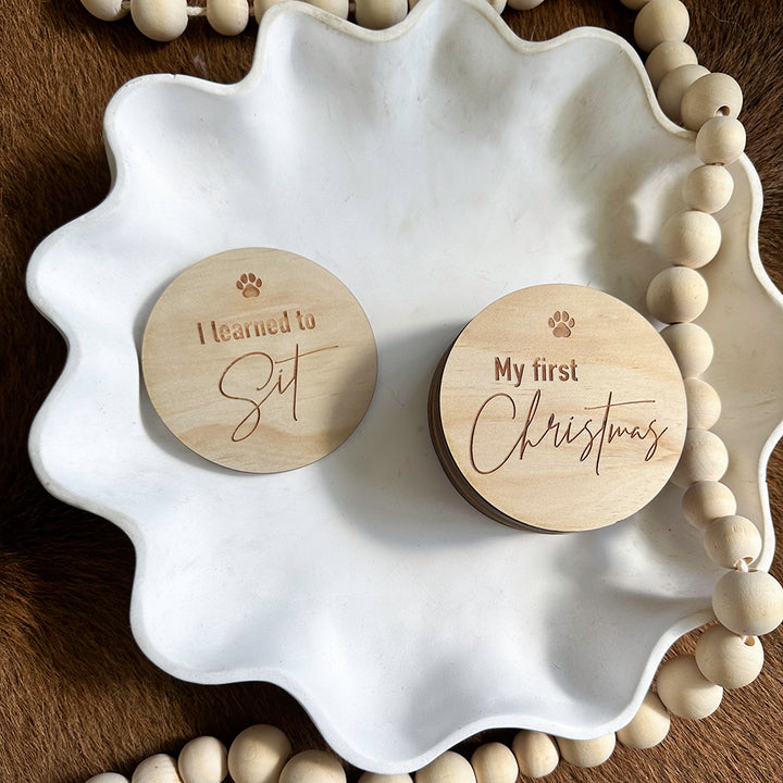 Hello Fern 'I learned to Sit' and 'My first Christmas' puppy achievement milestone discs in scalloped bowl with wooden beads and rug.