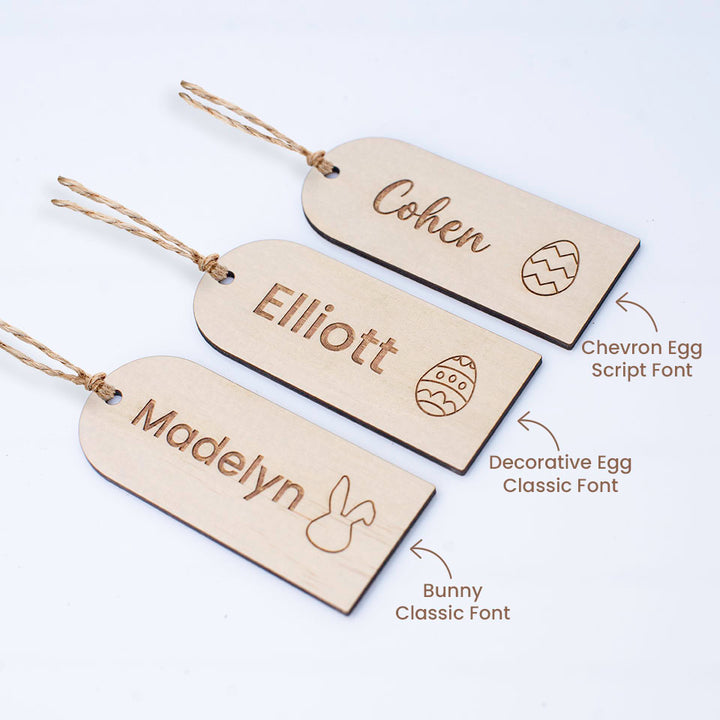 Three Hello Fern Easter basket tags with boys' and girls' names and Easter egg and bunny head designs.