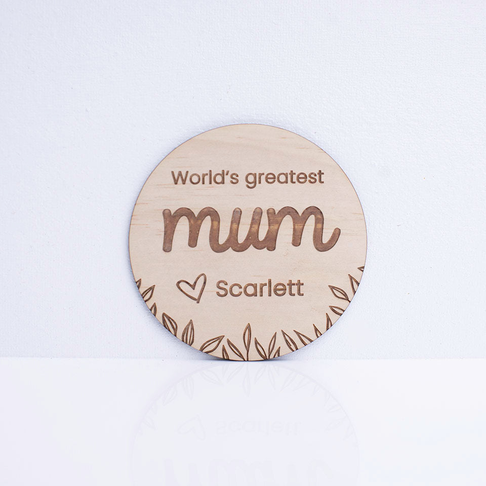 Hello Fern custom wooden "World's greatest mum" plaque isolated on white background
