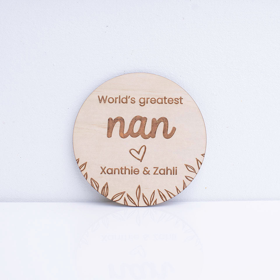 Hello Fern custom wooden "World's greatest nan" plaque isolated on white background