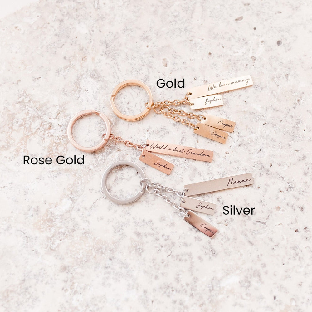 Top view showing choice of silver, gold, or rose gold metal for Hello Fern's custom Mother's Day keyrings.