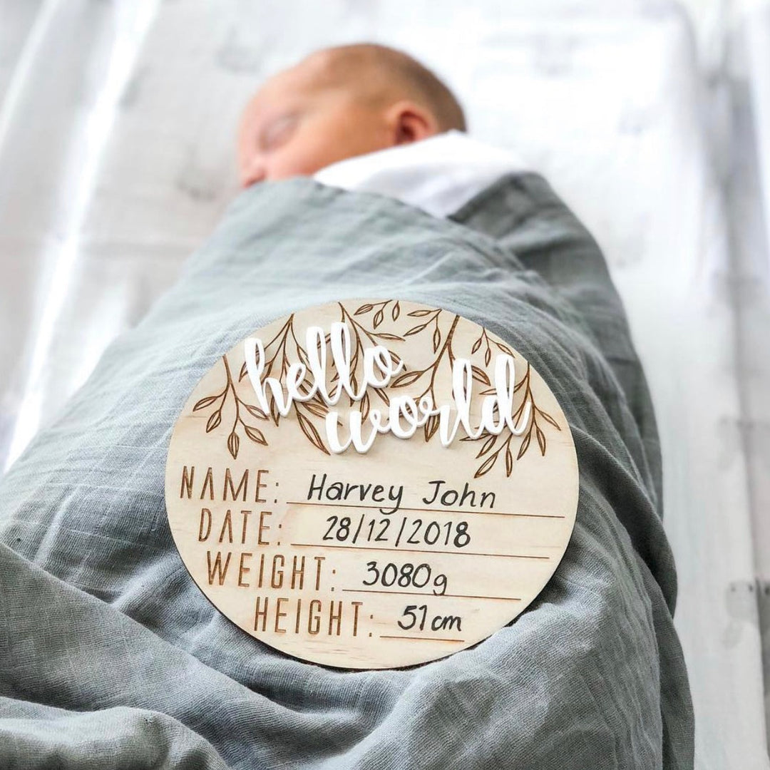 Wooden + Acrylic "Hello World' birth announcement disc