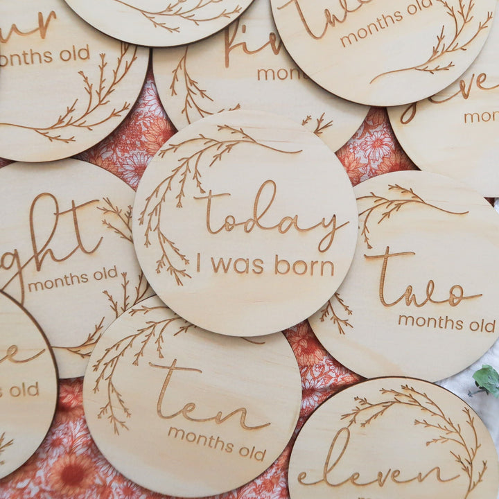 Wooden month milestone card discs - Whimsical