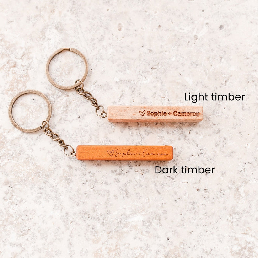 Examples of Hello Fern wooden Mother's Day keyring timber tones.